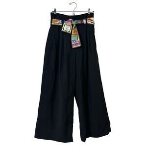 ZIMMERMANN Pants Black Wool High Waist Wide Leg Pleat Colorful Silk Belt size 6